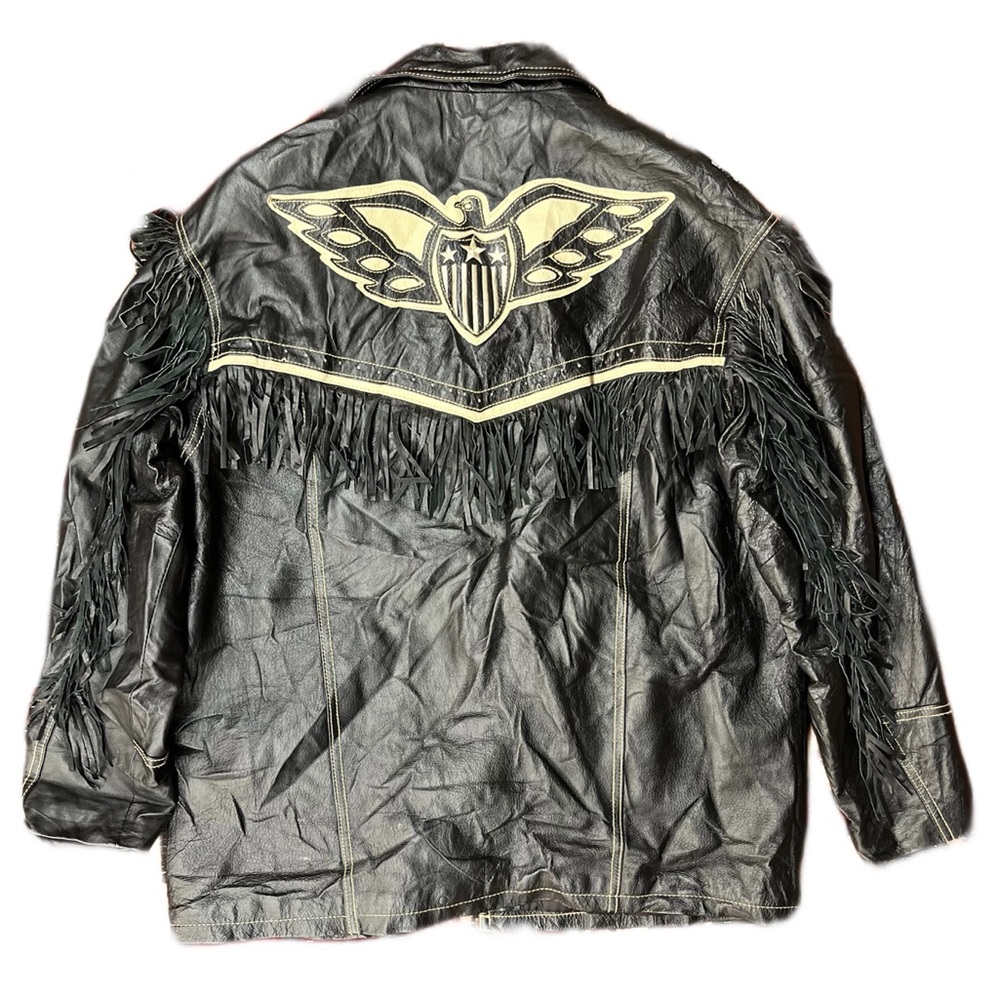 Michael Hoban coat vintage 100% leather black fringed biker style sz Large - Picture 2 of 11